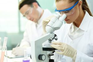 Científicos investigando con microscopio